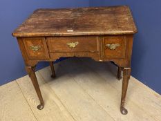 C18th cross banded walnut lowboy, some worm holes top marked and stained, minor losses, 78cmL