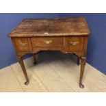 C18th cross banded walnut lowboy, some worm holes top marked and stained, minor losses, 78cmL