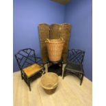 Rattan 3 fold screen, 2 bamboo style chairs and table and 2 cane baskets (some general wear and