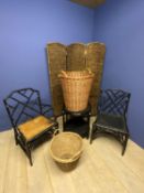 Rattan 3 fold screen, 2 bamboo style chairs and table and 2 cane baskets (some general wear and