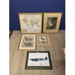 Framed and glazed colour print of a spitfire, XVI bears numerous signatures, and 4 other prints