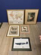 Framed and glazed colour print of a spitfire, XVI bears numerous signatures, and 4 other prints