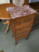 Parquetry Kingwood and rosewood slender bombe chest of 6 drawers beneath a marble top, 42cmW x