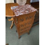 Parquetry Kingwood and rosewood slender bombe chest of 6 drawers beneath a marble top, 42cmW x