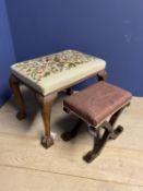 Small mahogany X framed stool and a needlepoint seated stool with carved cabriole legs and ball