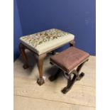 Small mahogany X framed stool and a needlepoint seated stool with carved cabriole legs and ball