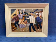 Oil painting of a Basque fisherfolk on a Quayside 40 x 58 cm(framed and glazed)