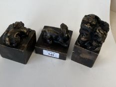 3 Chinese bronze square seals the largest 7cm sq; 6cm sq.; 5cmsq (condition general wear) (3)