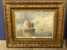 Decorative gilt framed oil painting of a tranquil Italian coastal scene with sailboats, 26 x 37cm