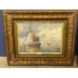 Decorative gilt framed oil painting of a tranquil Italian coastal scene with sailboats, 26 x 37cm