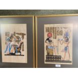 Pair of Egyptian paintings on parchment, set of 4 modern coloured iconic panels, with a letter verso