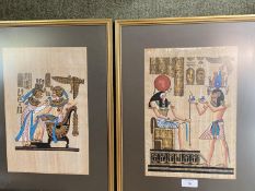 Pair of Egyptian paintings on parchment, set of 4 modern coloured iconic panels, with a letter verso