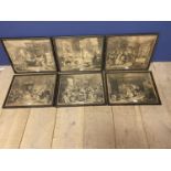 Six Hogarth black and white engravings, various plates, including Marriage a la Mode, in original