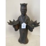 Chinese bronze robed figure holding a pair of 8 pointed leaf vessels, 34cm H, General wear