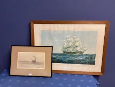 Black and White etching on Paper, Sailing ship fully rigged at sea, 17 x 30cm , signed and titled in