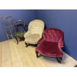 2 Victorian upholstered armchairs, Victorian mahogany side chair and a towel rail (general wear)