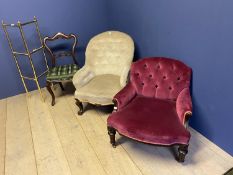 2 Victorian upholstered armchairs, Victorian mahogany side chair and a towel rail (general wear)