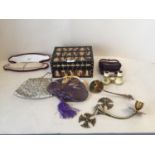 Pair Brass piano candle holders, porcupine box, ladies purses (worn); Victorian bone opera glasses