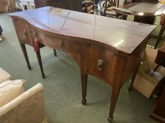 Large Georgian mahogany and inlaid serpentine front sideboard, with glass top and lion ring handles,