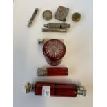 Hallmarked silver lidded cranberry scent bottle, and 2 others, and a Victorian Metropolitan police