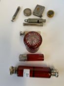 Hallmarked silver lidded cranberry scent bottle, and 2 others, and a Victorian Metropolitan police