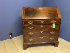 Good George III figured mahogany bureau, with a a good stepped fitted interior above 4 long