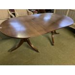 Modern twin pedestal mahogany D end dining table, with extra leaf, 194L x 97cm, general wear