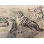 W F Crocker 1926 watercolour study of collie dogs, and a pastel study of farmer with cattle, signed,