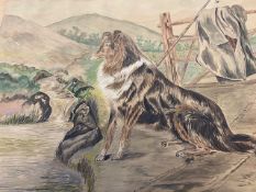 W F Crocker 1926 watercolour study of collie dogs, and a pastel study of farmer with cattle, signed,