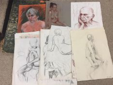 Large qty of unframed artist sketches, nude and male and female portraits by various artists, some