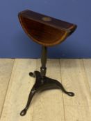 George lll mahogany and satinwood inlaid candle table with fold down top, supported by carved column