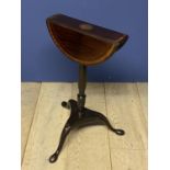 George lll mahogany and satinwood inlaid candle table with fold down top, supported by carved column