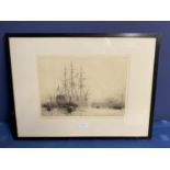 William Wylie, (1851-1931-), etching, Man of War with tugs in harbour, signed in pencil lower left