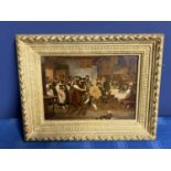 C19th Oil on panel Continental tavern scene with dancing figures, 18 x 25cm, indistinctly signed