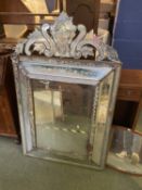 Large Venetian glass rectangular 3 panelled and stepped wall mirror, surmounted by foliate etched