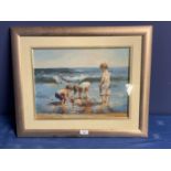 Modern studio framed oil painting of children with sailboat at the seaside, 29 x 39cm