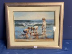 Modern studio framed oil painting of children with sailboat at the seaside, 29 x 39cm