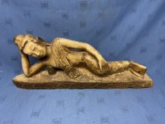 Small stone carving of a reclining Buddha, overall length 70cm , originally partly gilded