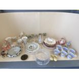 Quantity of mixed china and glass, including Crown Derby bird figurines, Staffordshire birds, etc (