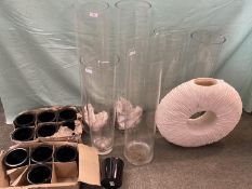 6 tall glass cylindrical flower vases including 2 pairs and 2 similar (tallest 80cm) (condition,