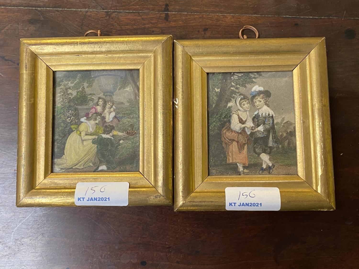 Gilt framed embroidery study of flowers and butterfly; and a pair of print portrait miniatures - Image 2 of 3