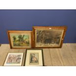 Maple framed engraving, Victorian scene, ponies eating hay in farmyard, maple framed print of game