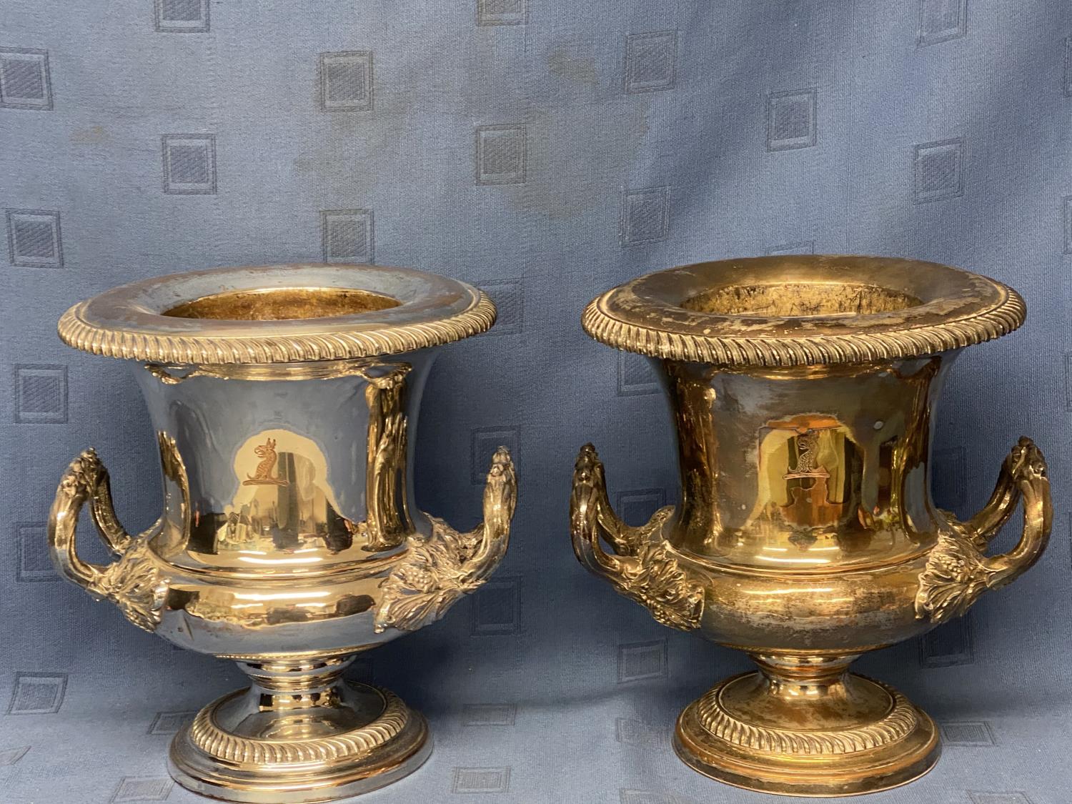 Pair old heavy silver plate champagne buckets with fitted liners, 26cm High, tarnished and rubbed