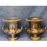 Pair old heavy silver plate champagne buckets with fitted liners, 26cm High, tarnished and rubbed