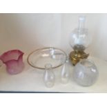 Gold coloured rimmed glass open bowl 38cm D, a brass oil lamp with etched glass and funnel, 2