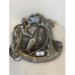 Art Nouveau pewter dish, max width 28cm, 24cm high mx (condition, generally polished rubbed)