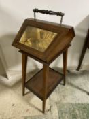 Good Edwardian brass inlaid bijouterie table with under shelf and carrying table, 31cm L x 90cmH;