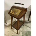 Good Edwardian brass inlaid bijouterie table with under shelf and carrying table, 31cm L x 90cmH;