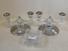 Pair squat, circular glass silver overlaid twin branch candlesticks , 14.5cmD (condition minor