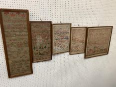 5 Victorian Samplers, including Mary E Armstrong, Mary Anne Marshall (some general wear with age)